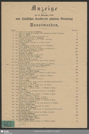 1898: Anzeige über die am ... vom Sächsischen Kunstverein gehaltene Verlosung von Kunstwerken