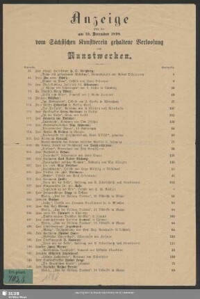 1898: Anzeige über die am ... vom Sächsischen Kunstverein gehaltene Verlosung von Kunstwerken