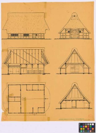 Bad Zwischenahn (Ammerland): Ammerländer Heuerhaus. Haupthaus (Grundriss, zwei Querschnitte, Längsschnitt, Längs-Ansicht, Giebel-Ansicht)
