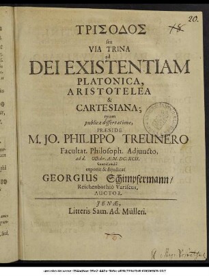 Trisodos seu Via Trina ad Dei Existentiam Platonica, Aristotelea & Cartesiana