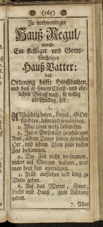 Zu nothwendiger Hauß-Regul/ mercke ein fleissiger und Gotts-fürchtiger Hauß-Vatter:[...]