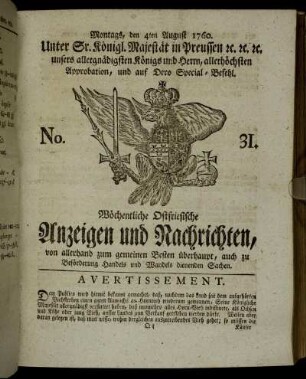 No. 31. Montags, den 4ten August 1760.