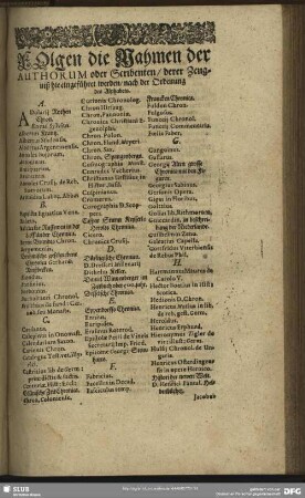 Folgen die Nahmen der Authorum oder Scribenten, derer Zeugniß hie eingeführet werden ...