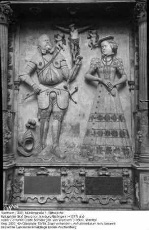 Stiftskirche; Epitaph für Graf Georg von Isenburg-Büdingen (+1577) und seiner Gemahlin Gräfin Barbara geb. von Wertheim (+1600), Mittelteil