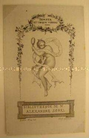Exlibris für Alexandre Sores: Junge schwebende Frau, mit einem losen Schal um den Körper und einem Spiegel in der Hand umrahmt von Blumenranken; 1850/1890
