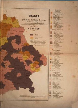 Charte über die politische Färbung Bayerns zur Zeit des Landtags 1849 : eingetheilt in Regierungs-Bezirke und Wahlbezirke