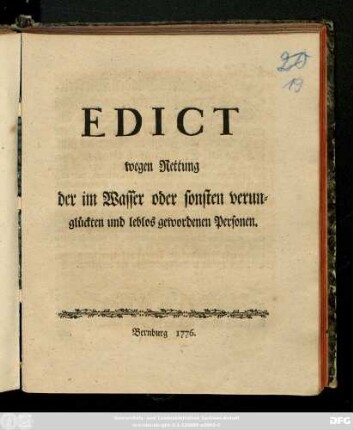 Edict wegen Rettung der im Wasser oder sonsten verunglückten und leblos gewordenen Personen