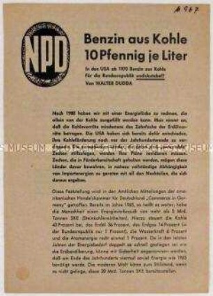 Propagandaflugblatt der NPD mit Polemik gegen die hohen Benzinpreise in der Bundesrepublik