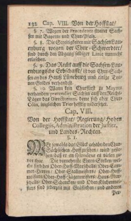 Cap. VIII. Von der Hoffstat, Regierung, Hohen Collegiis, Administration der Justitz, und Landes-Rechten.
