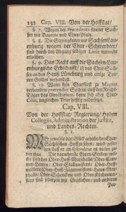 Cap. VIII. Von der Hoffstat, Regierung, Hohen Collegiis, Administration der Justitz, und Landes-Rechten.