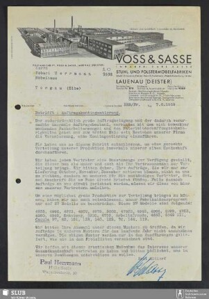 Voss & Sasse, Stuhl- und Polstermöbelfabriken, Inhaber: Carl Sasse, Lauenau (Deister) : Mitteilung