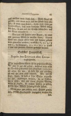 Sechstes Hauptstück. Regeln des Trictracs oder Toccateglispiels.