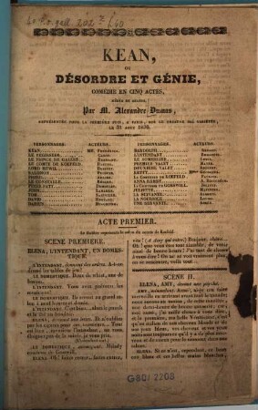 Kean, ou Désordre et génie : comédie en cinq actes, mêlée de chants