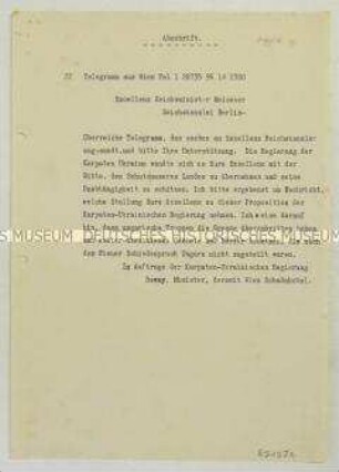 Maschinenschriftliche Abschrift eines Telegramms der Karpatoukrainischen Regierung an Otto Meissner mit wiederholtem Beistandsgesuch gegen den ungarischen Einmarsch
