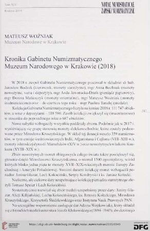 Kronika Gabinetu Numizmatycznego Muzeum Narodowego w Krakowie (2018)