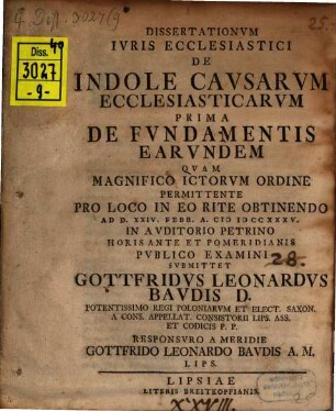 Dissertationvm Ivris Ecclesiastici De Indole Cavsarvm Ecclesiasticarvm Prima, De Fvndamentis Earvndem
