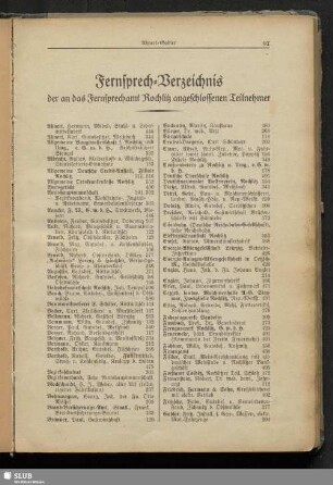 Fernsprech-Verzeichnis der an das Fernsprechamt Rochlitz angeschlossenen Teilnehmer