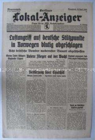 Tageszeitung "Berliner Lokal-Anzeiger" u.a. über britische Luftangriffe auf deutsche Stellungen in Norwegen