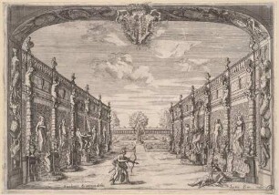 Bühnenbild zur Oper "La Caduta del Regno dell'Amazzoni" (zweiter Akt, Szene 8: Mitilene will Artide töten, doch sie verliebt sich in ihn), aus der 1690 in Rom publizierten Edition des Librettos