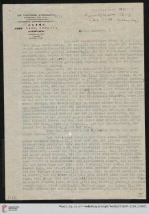 Nachlass Gustav Radbruch. Korrespondenz Theodor Sternberg/Gustav Radbruch: Brief von Theodor Sternberg an Gustav Radbruch