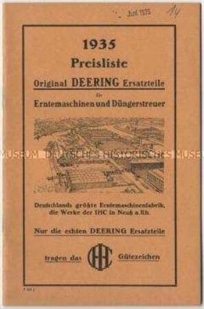 Preisliste über Ersatzteile für Erntemaschinen und Düngerstreuer