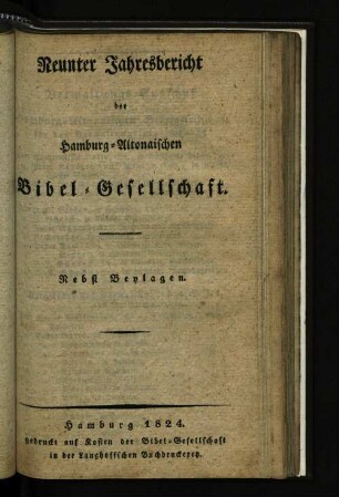 9.1824: Neunter Jahresbericht der Hamburg-Altonaischen Bibel-Gesellschaft.