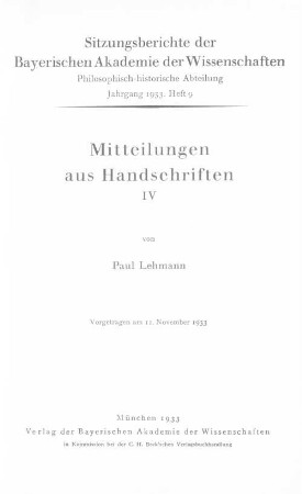 Mitteilungen aus Handschriften, 4 : vorgetragen a. 11. Nov. 1933