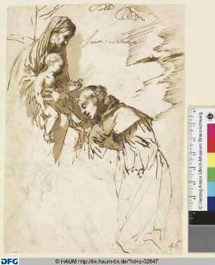Maria mit dem Kind, davor ein kniender Mönchsheiliger (Hl. Antonius von Padua?)