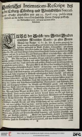 Carl der Sechste von Gottes Gnaden erwählter Römischer Kayser / zu allen Zeiten Mehrer des Reichs