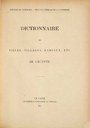 Dictionnaire des Villes, Villages, Hameaux, etc. de l'Égypte
