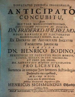 Disputatio Juridica Inauguralis, De Anticipato Concubitu
