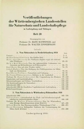 20, 1951 [JVVNW 106, 1950]: Veröffentlichungen der Württembergischen Landesstelle für Naturschutz und Landschaftspflege. [Heft] 20