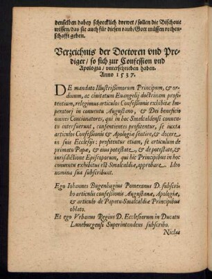 Verzeichnis der Doctoren und Prediger/ so ... unterschrieben haben. Anno 1537.