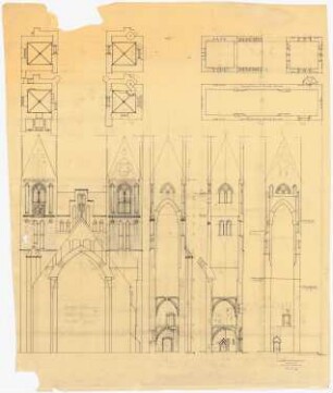 Klosterkirche, Neuruppin Turmbau: Fronten, Grundrissdetails mit Skizzen, Vorlage zu Inv.Nr. 701
