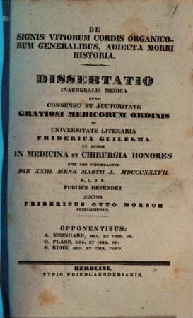 De signis vitiorum cordis organicorum generalibus, adiecta morbi historia : Diss. inaug. med.
