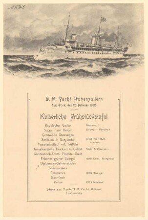 Menükarte : Kaiserliche Frühstückstafel, Diner zur Taufe S. M. Yacht "Meteor", S. M. Yacht Hohenzollern