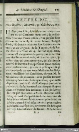 Lettre DXC. Aux Rochers, Mécredi, 19. Octobre, 1689