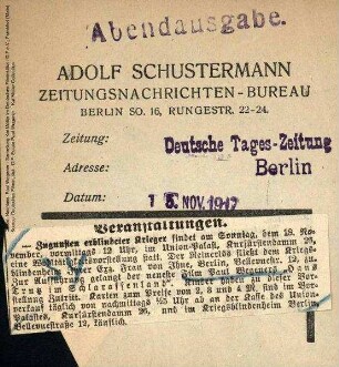 Ankündigung Deutsche Tageszeitung (15.11.1917).
