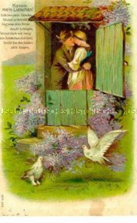 Postkarte mit ländlichem Liebespaar und Vers
