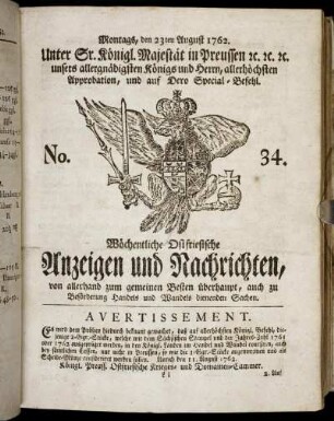 No. 34. Montags, den 23ten August 1762.