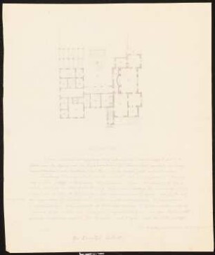 Schlösschen an einem Abgrund: Grundriss des zweitürmigen Baus im Villenstil mit detaillierter Aufgabenbeschreibung (für Zermützel bestimmt) (s.a. Inv.Nr. 44983,2 und 44983,3)