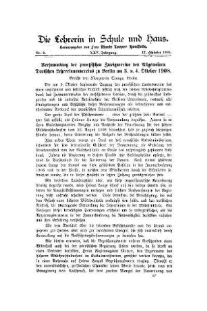 Versammlung der preußischen Zweigvereine des Allgemeinen Deutschen Lehrerinnenvereins zu Berlin am 3. u. 4. Oktober 1908