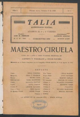 Maestro Ciruela : pieza en un acto y tres cuadros