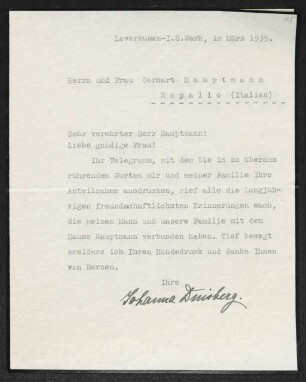 Brief von Johanna Duisberg an Gerhart Hauptmann und Margarete Hauptmann