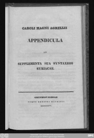 2: Caroli Magni Agrellii Appendicula ad Supplementa sua syntaxeos Syriacae