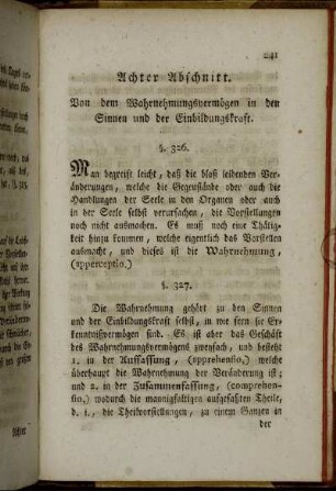 Achter Abschnitt. Von dem Wahrnehmungsvermögen in den Sinnen und der Einbildungskraft.