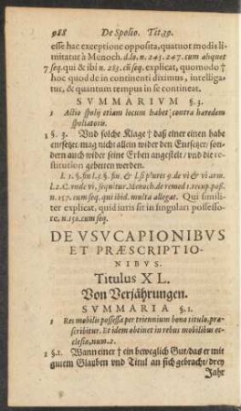 De Usucapionibus Praescriptionibus. Titulus XL. Von Verjährungen.