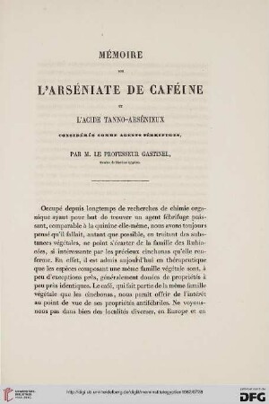 1: Mémoire sur l'arséniate de caféine et l'acide tanno-arsénieux considérés comme agents fébrifuges