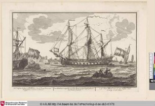 Een Hollands OorlogSchip van de 4.e ng op zyn Engels gebouwt, ten Anker komende.