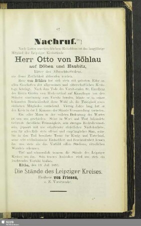 Nachruf Herr Otto von Böhlau auf Döben und Haubitz